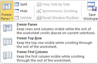 Excel 2010 Freeze Panes button expanded