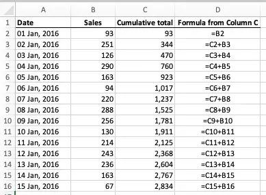 Excel - calculating a running total for a column of cells with a simple addition formula