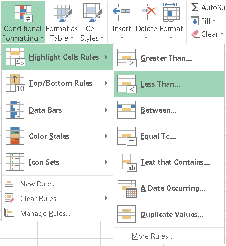 Excel Conditional Formatting toolbar button options