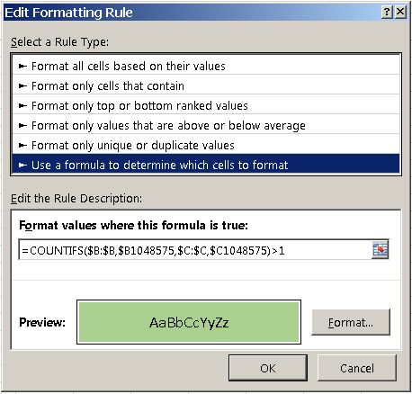 Excel duplicate rows conditional highlighting formula wrong