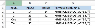Excel ISNUMBER function, worked example with final results
