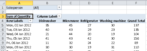 Excel Pivot Table example using Salesperson as a filter
