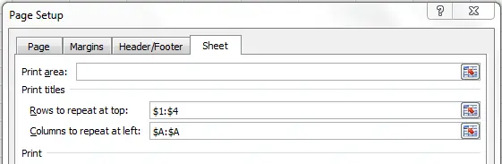 Excel repeating rows at the top of a printout, with the selection made