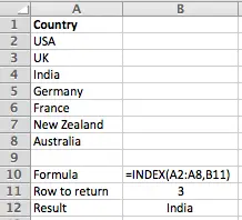 Excel simple example of the INDEX function in action
