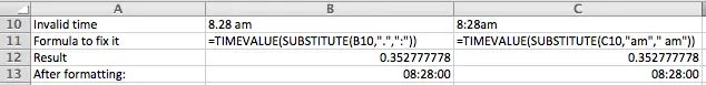 Excel, converting text values to time values using TEXTVALUE and SUBSTITUTE