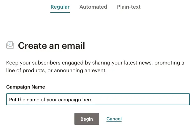Mailchimp Email Campaign choose type and enter campaign name | Learn Mailchimp with Five Minute Lessons