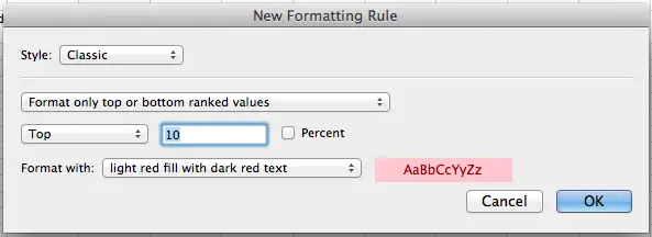 Microsoft Excel for Mac, creating a new conditional formatting rule based on the Classic style