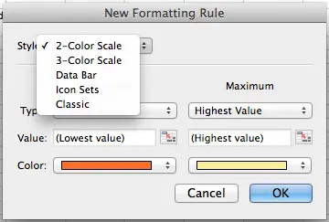 Microsoft Excel for Mac, creating a new conditional formatting rule