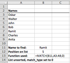 Using the MATCH function in Excel to find the position of a name in an unsorted list