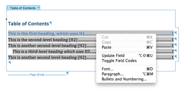 Microsoft Word table of contents right click to see update options