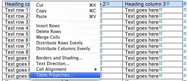 Microsoft Word selecting Table Properties for a table