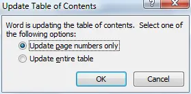Microsoft Word for Windows, options when updating a table of contents